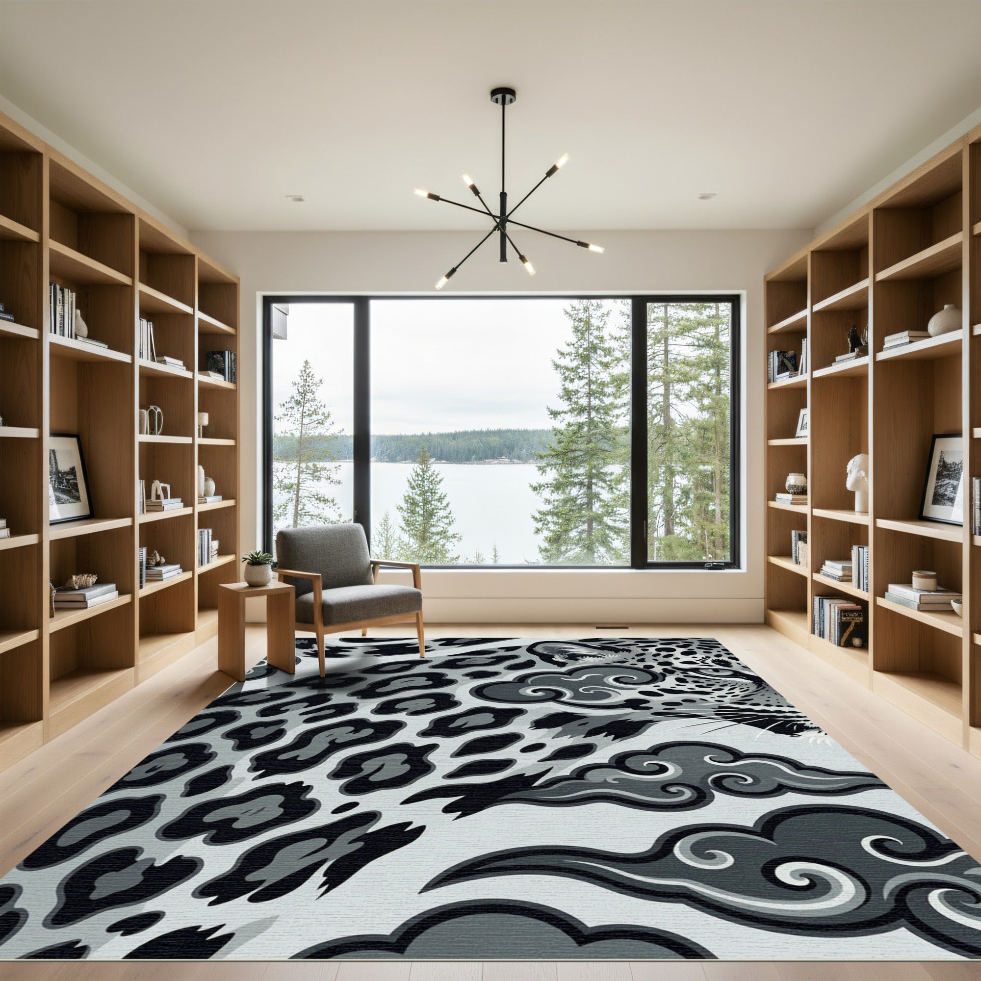 Monochromatic Jaguar and Clouds Graphic Art Rug