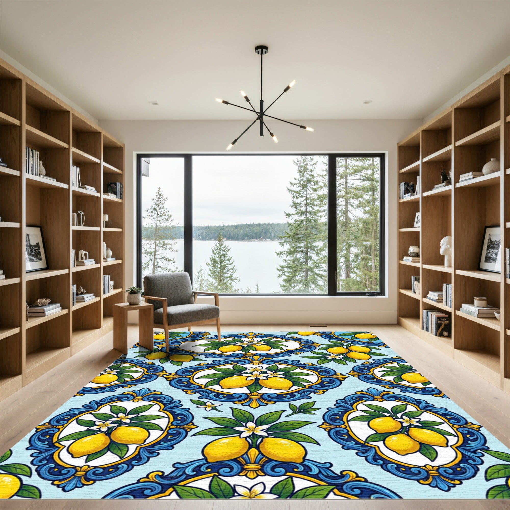 Blue Yellow Lemon Floral Medallion Rug