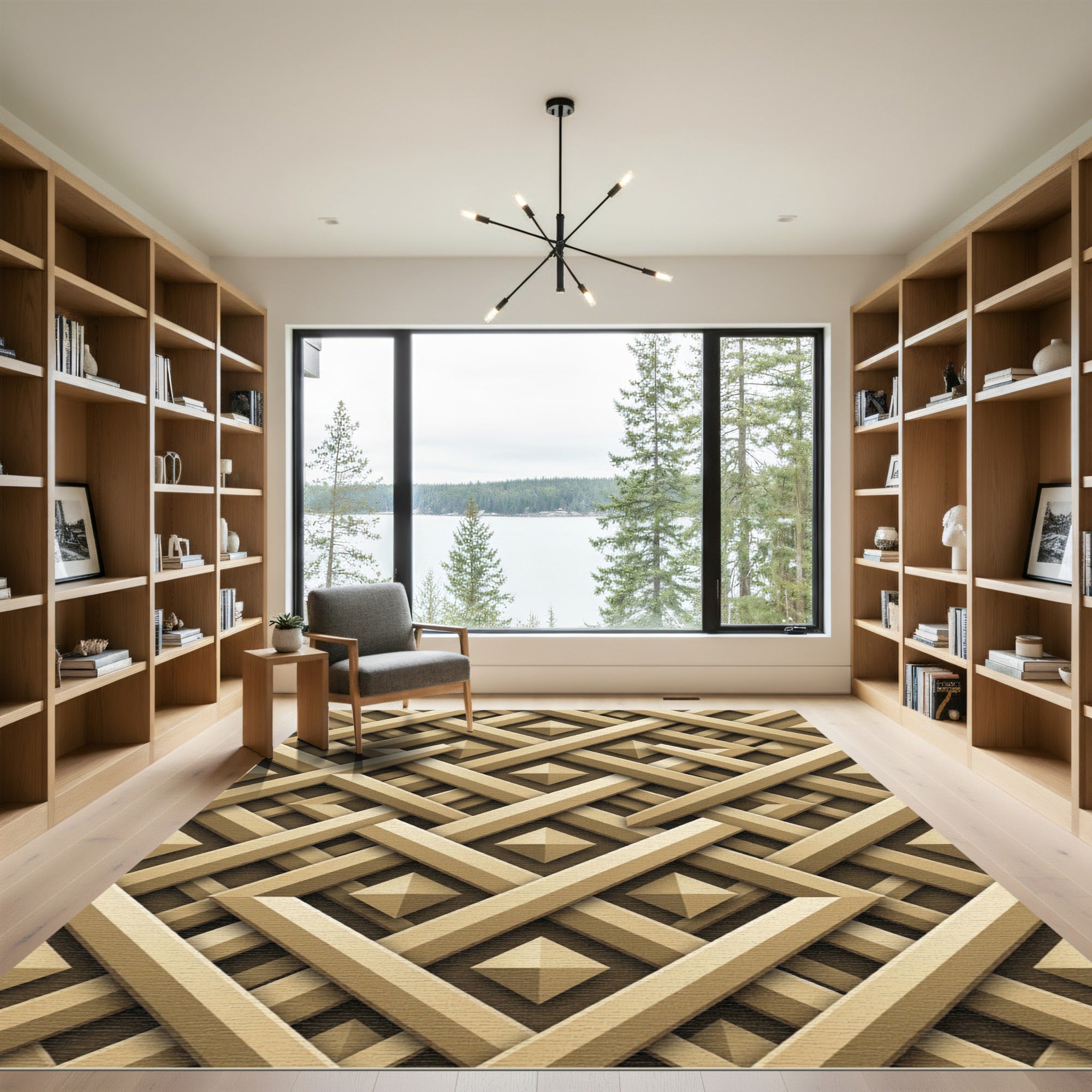 Sophisticated Golden Geometric Interlocking Lattice Rug