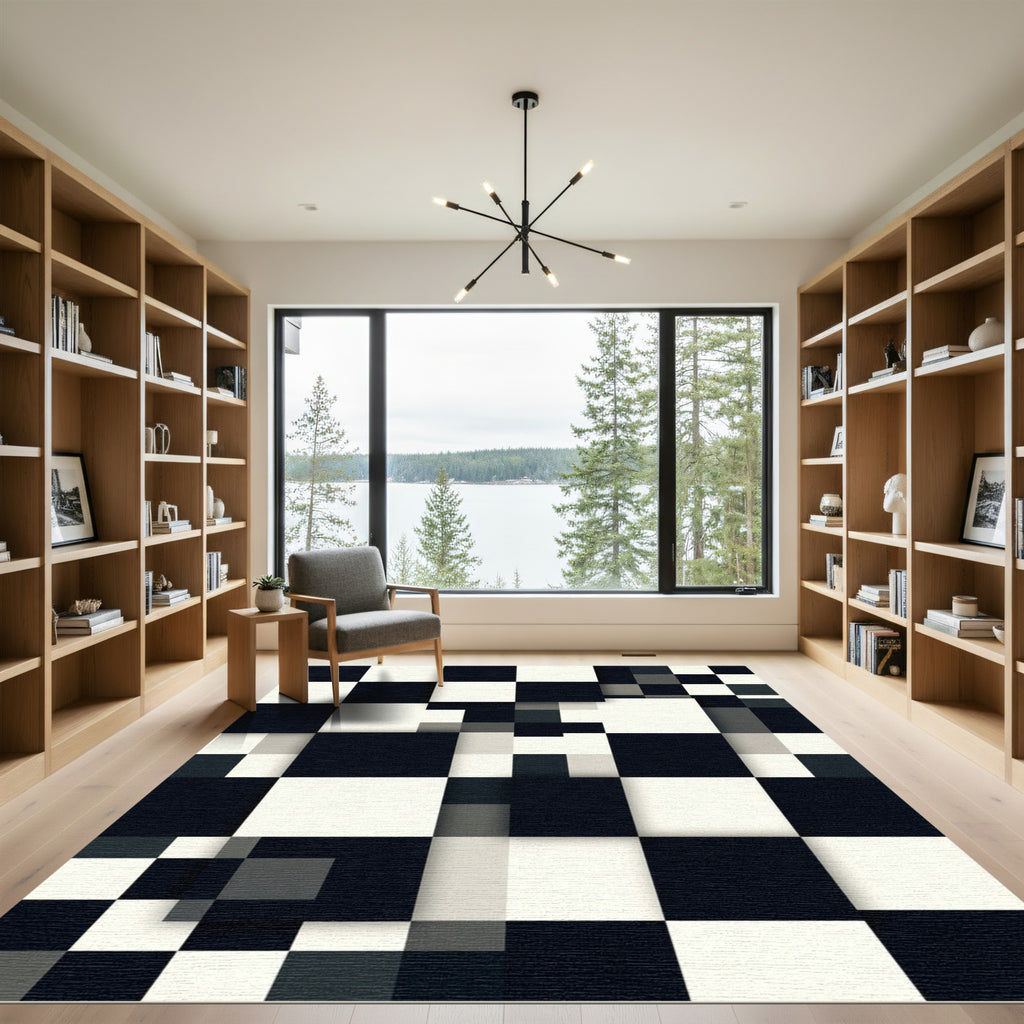 Monochrome Geometric Blocks Overlay Rug