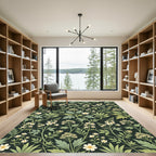 Botanical White Blossom Dark Sage Background Rug