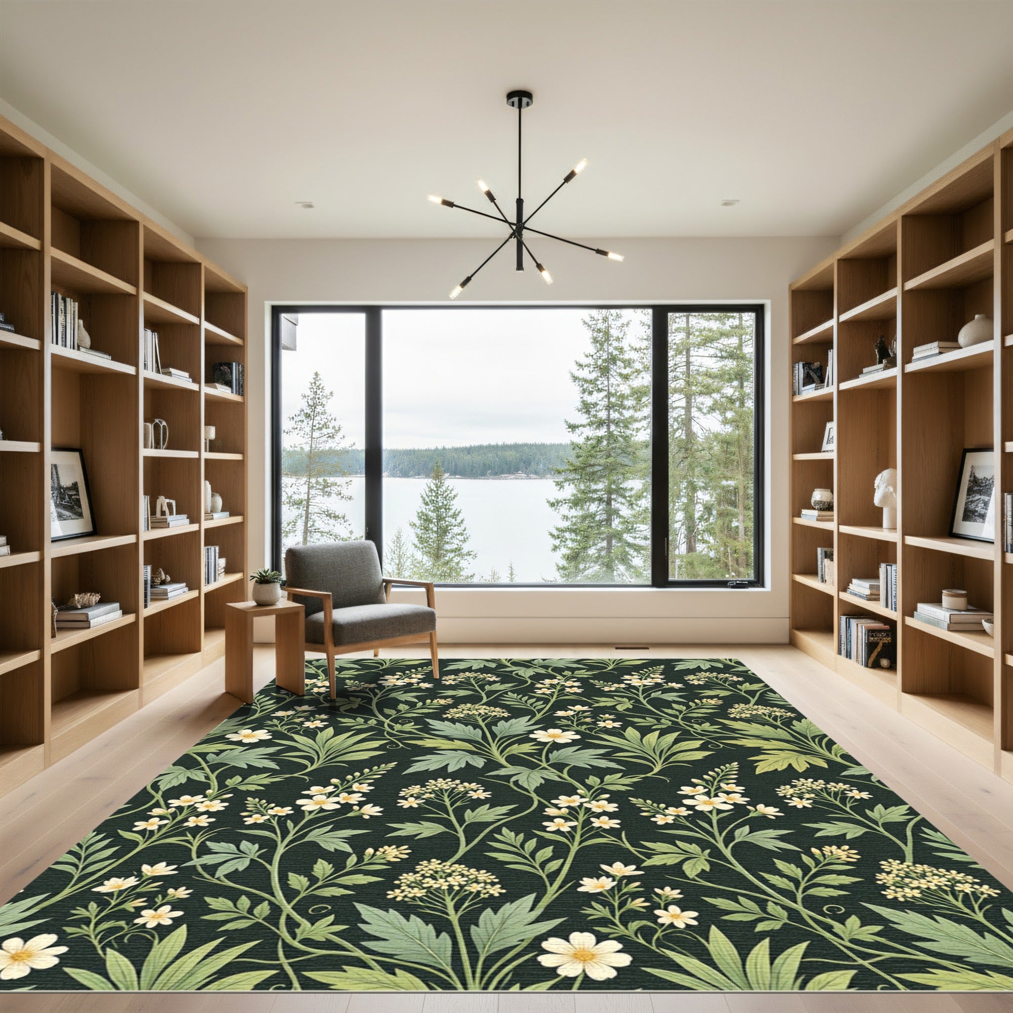 Botanical White Blossom Dark Sage Background Rug