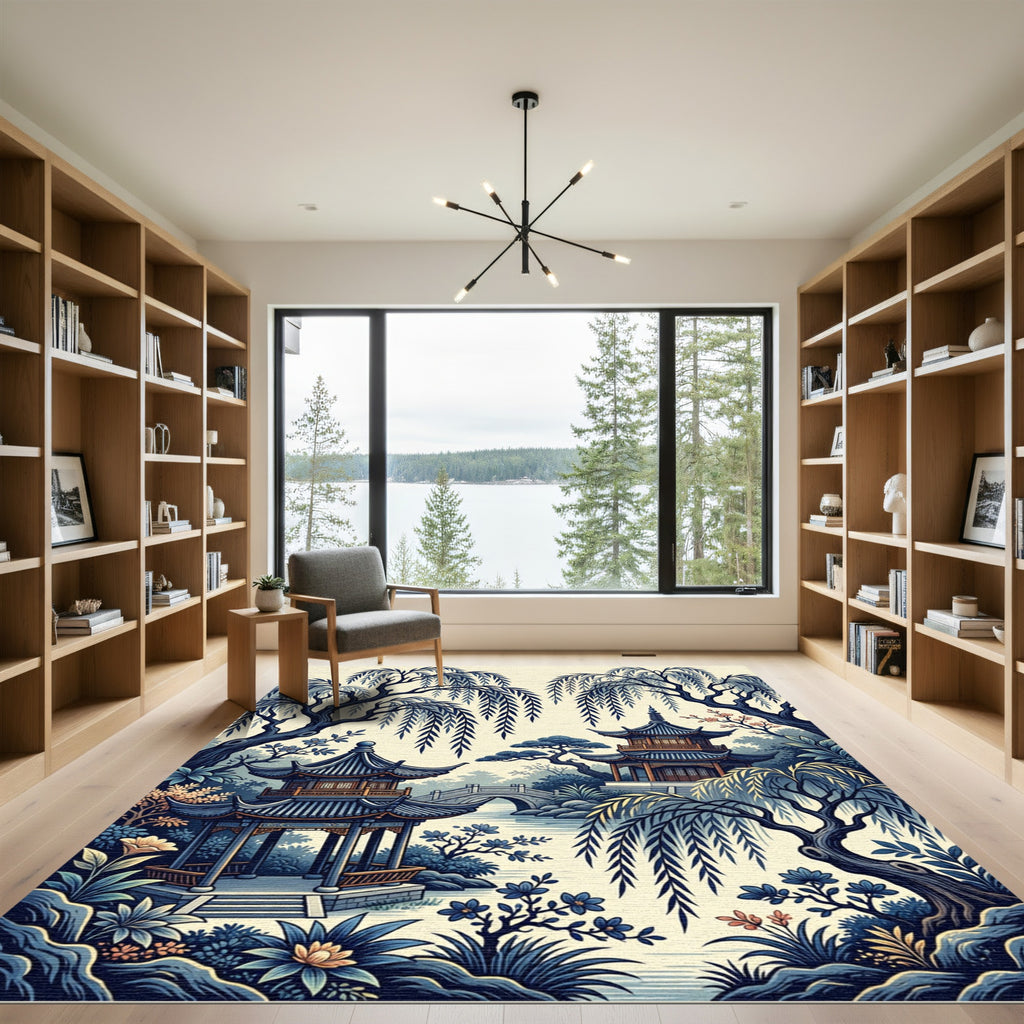 Serene Blue Willow Pagoda Ink Wash Illustration Rug