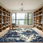 Serene Blue Willow Pagoda Ink Wash Illustration Rug