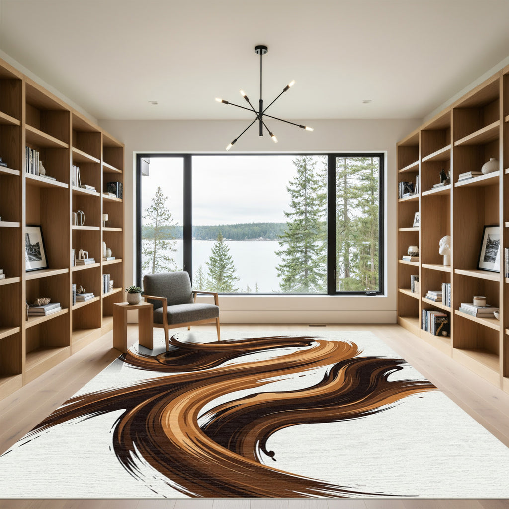 Abstract Brown Swirl Movement Art Rug