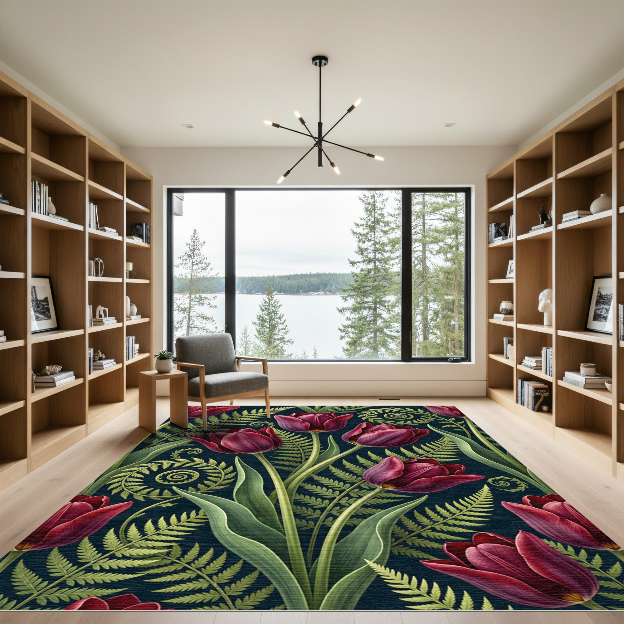 Deep Burgundy Tulips Fern Swirls Rug