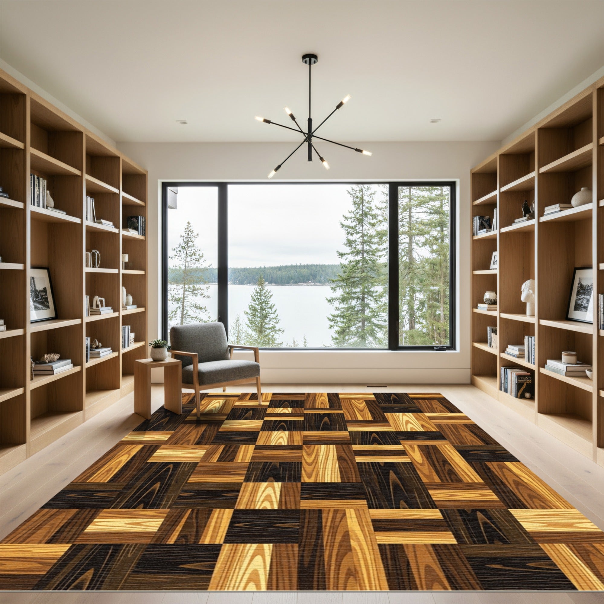 Rich Earthy Wood Paneled Parquet Rug