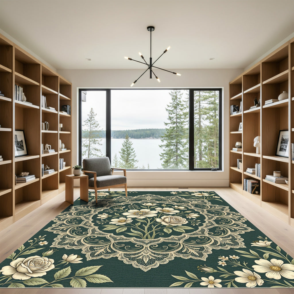 Elegant Floral Lace Medallion Dark Green Rug
