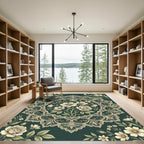 Elegant Floral Lace Medallion Dark Green Rug