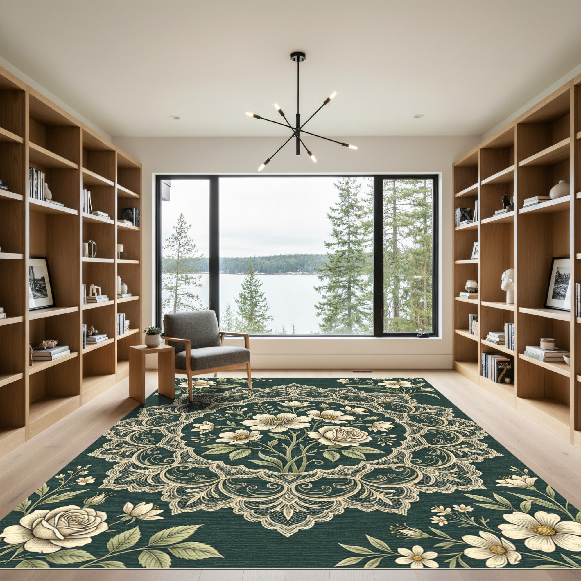 Elegant Floral Lace Medallion Dark Green Rug
