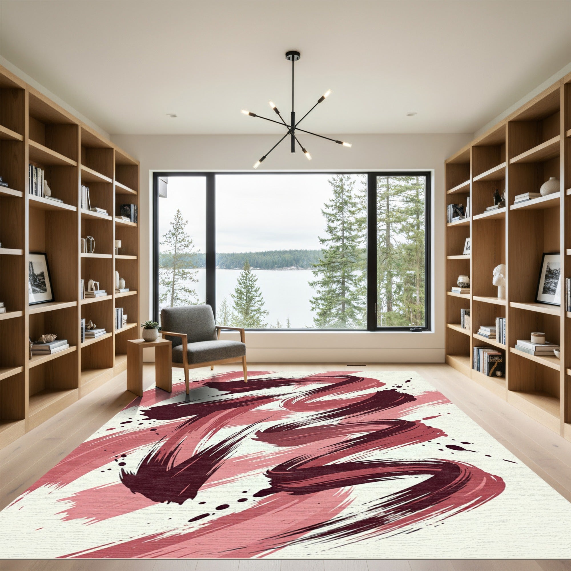 Abstract Crimson Brushstroke Swirl Rug