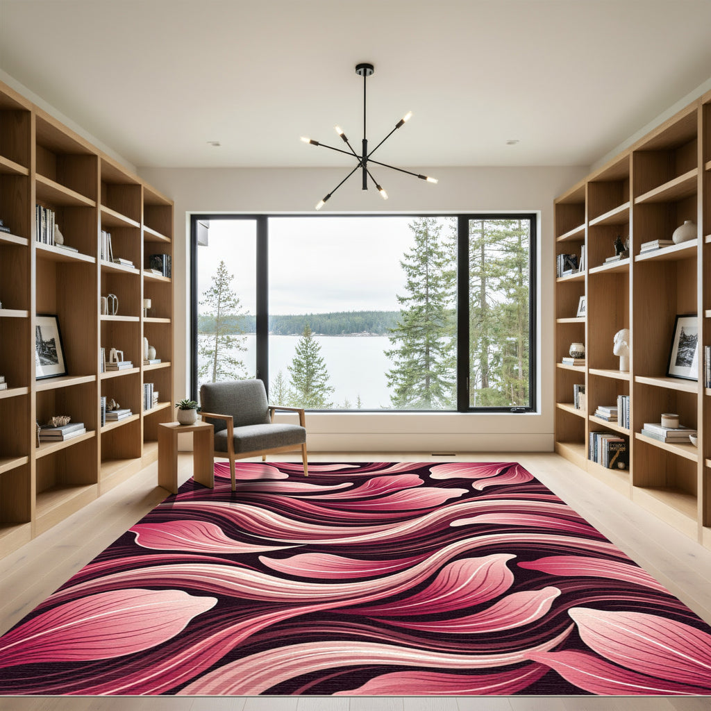 Crimson Petal Swirl Abstract Rug