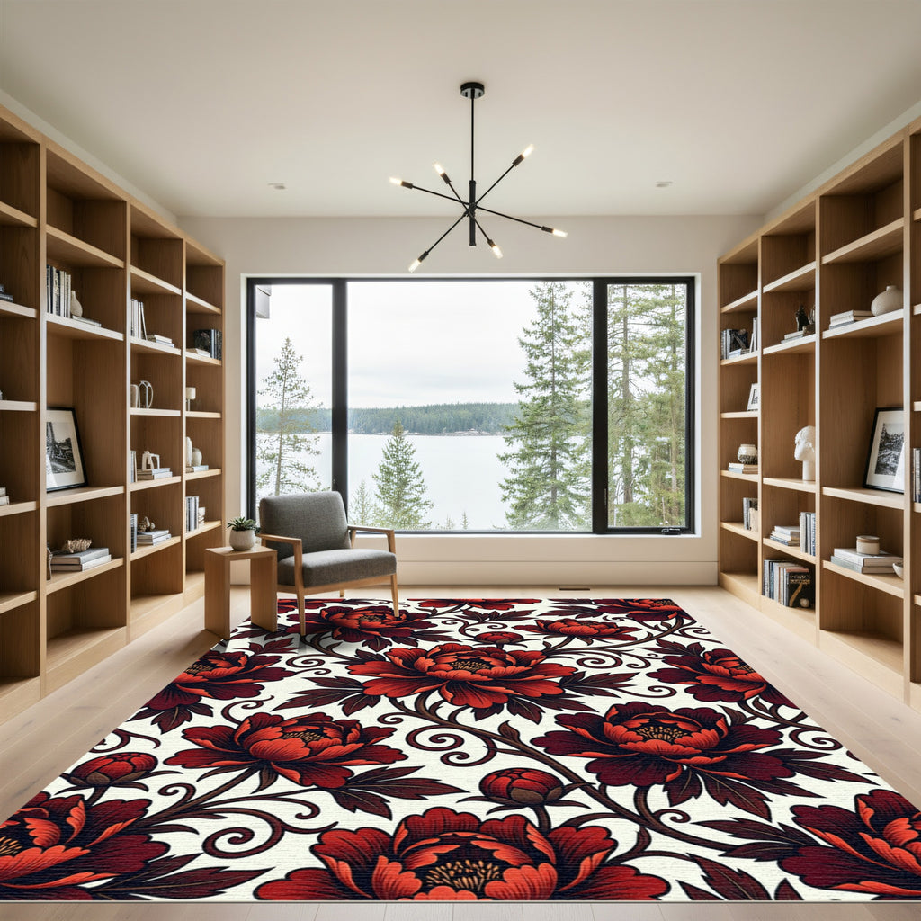 Crimson Peony Floral Scroll Rug
