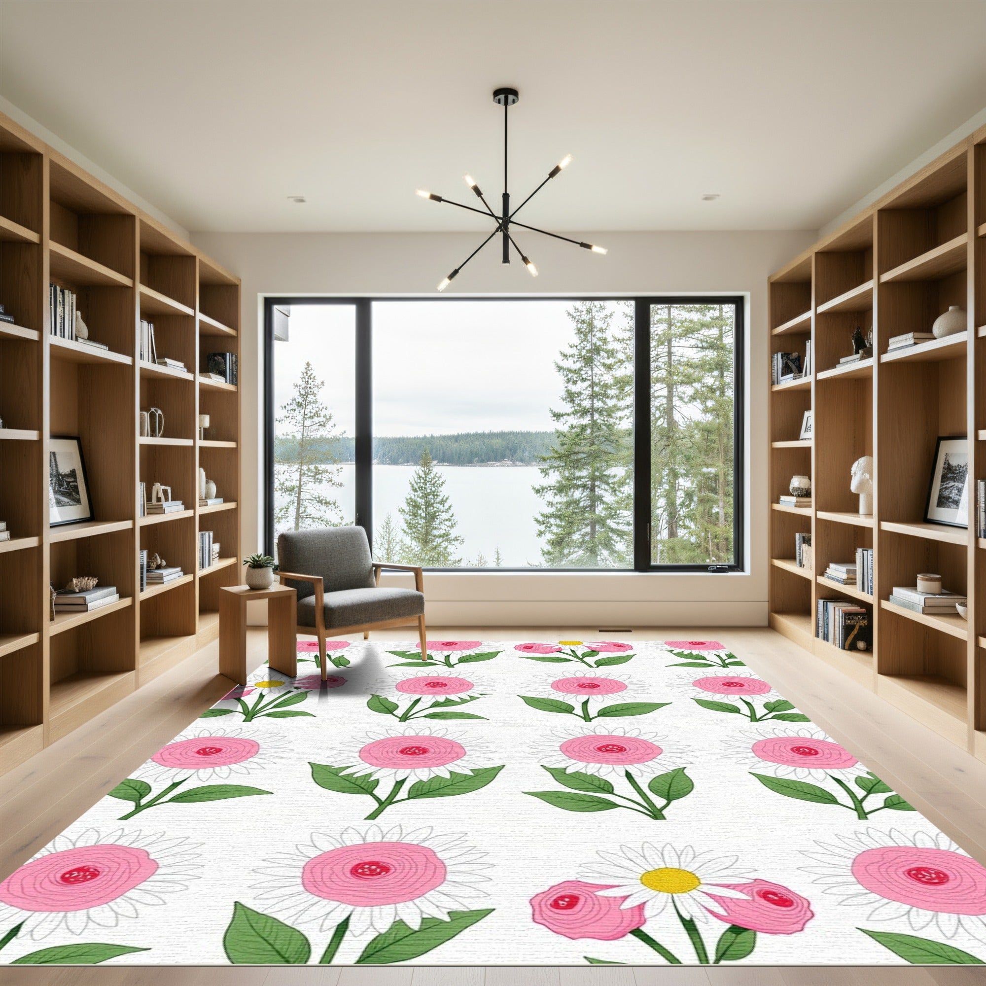 Pink White Daisy Rose Garden Rug