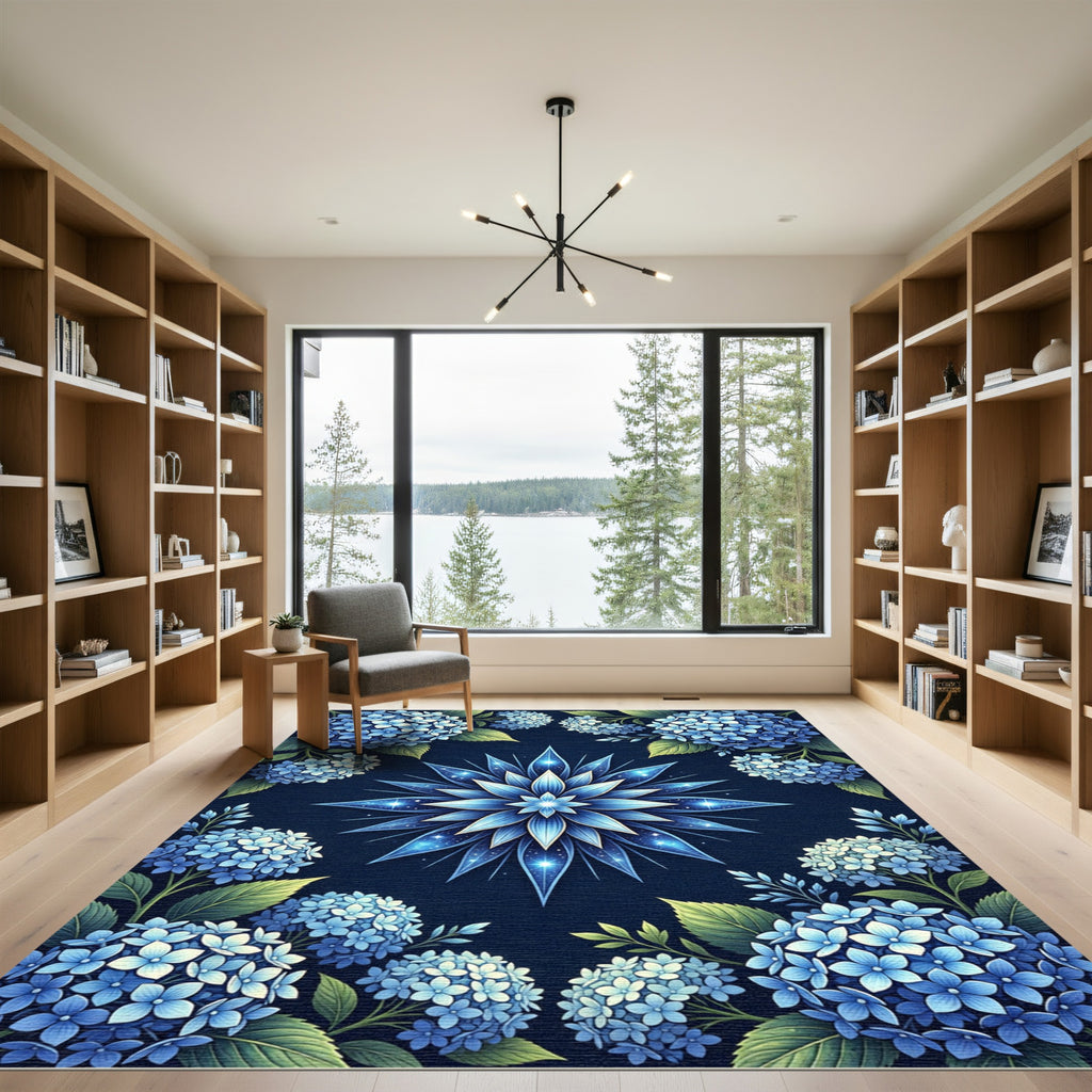 Cerulean Blue Hydrangea Floral Burst Rug