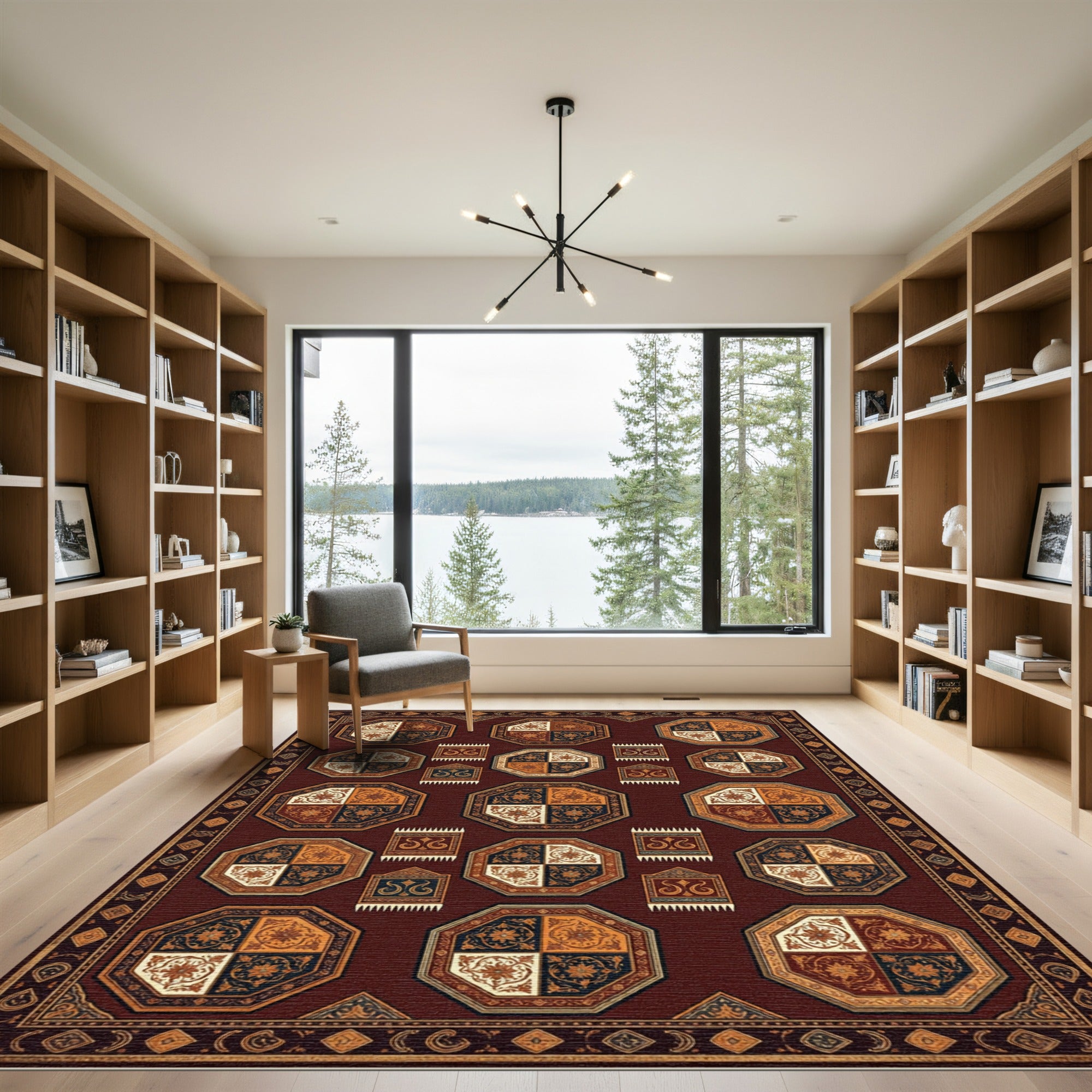Octagonal Damask Medallion Deep Burgundy Rug