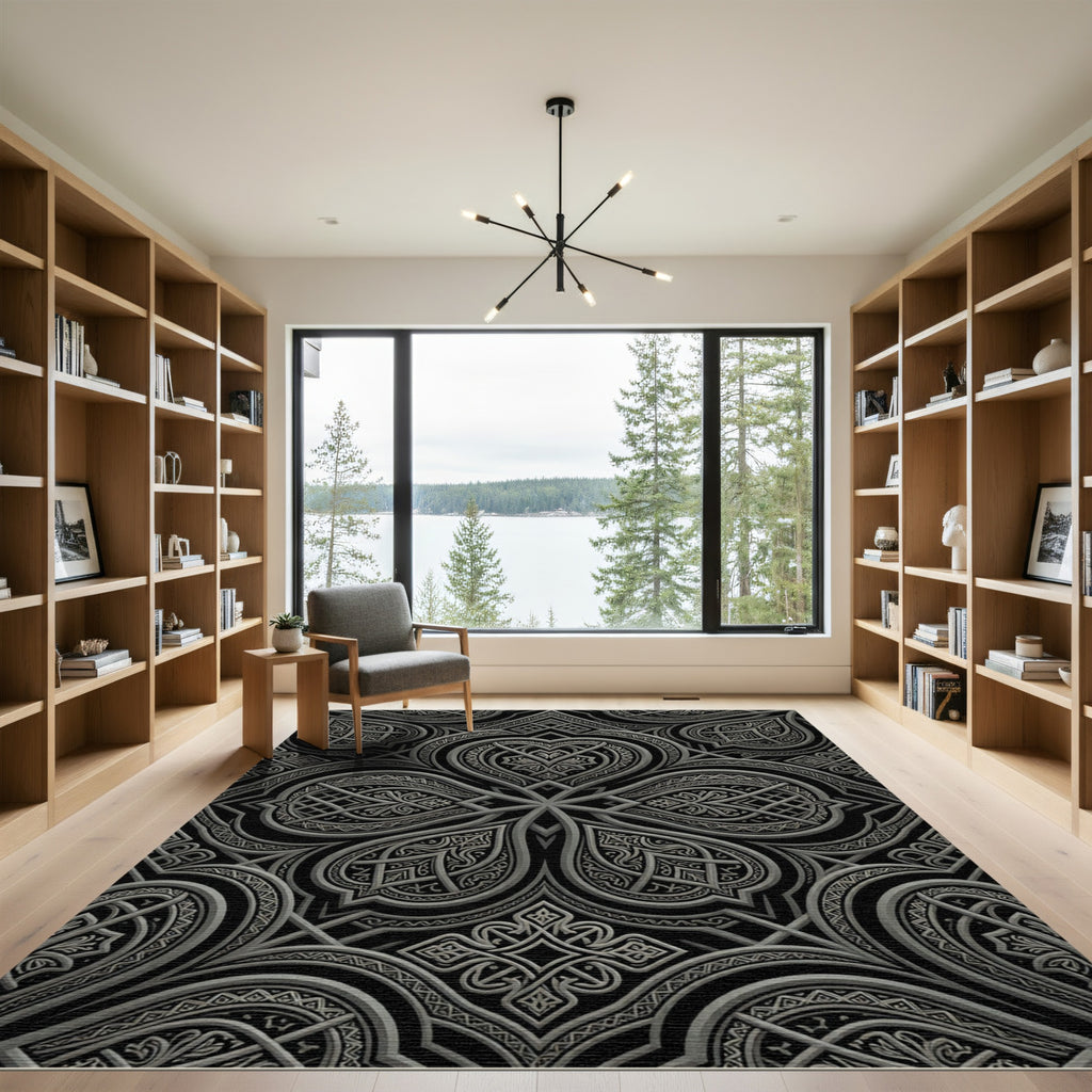 Ornate Black Silver Interlocking Scrolls Rug