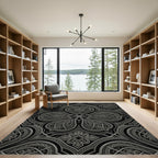 Ornate Black Silver Interlocking Scrolls Rug
