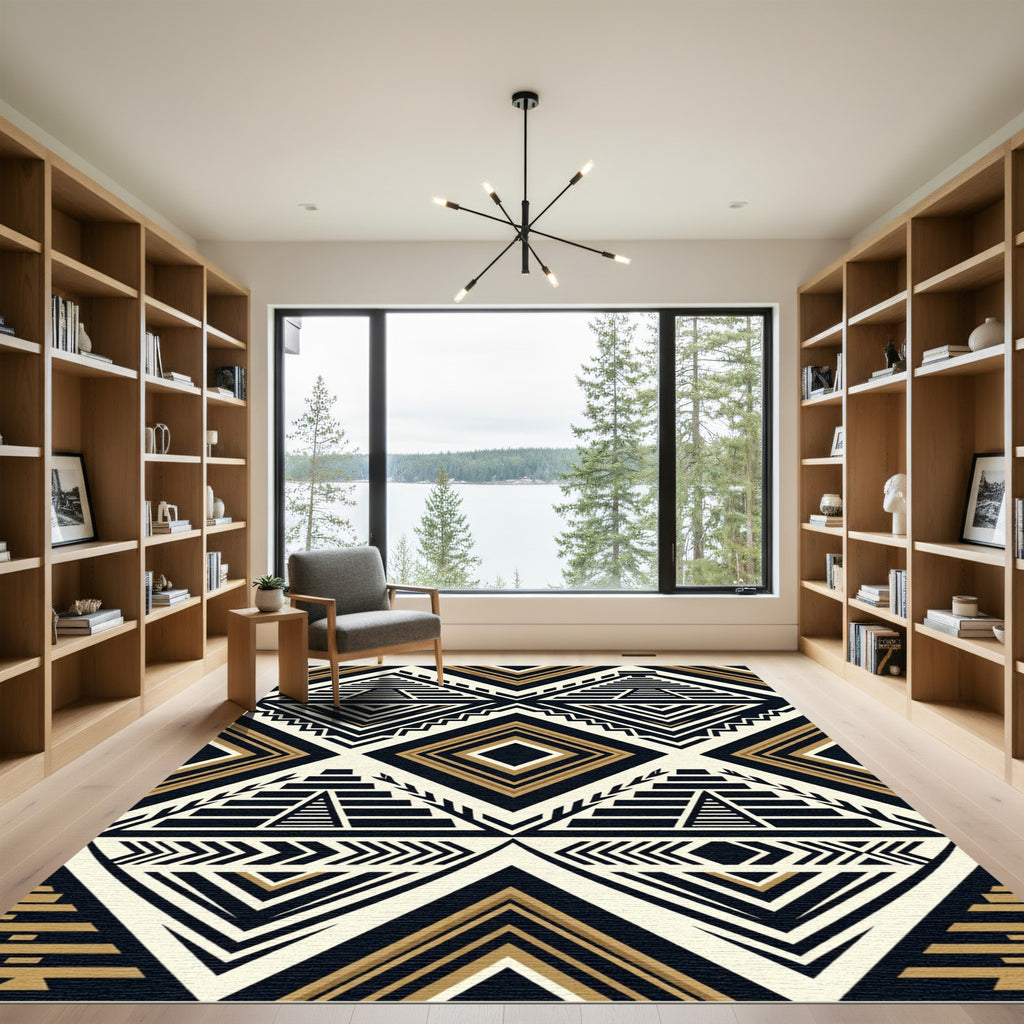Monochrome Gold Mayan Pyramid Geometric Rug