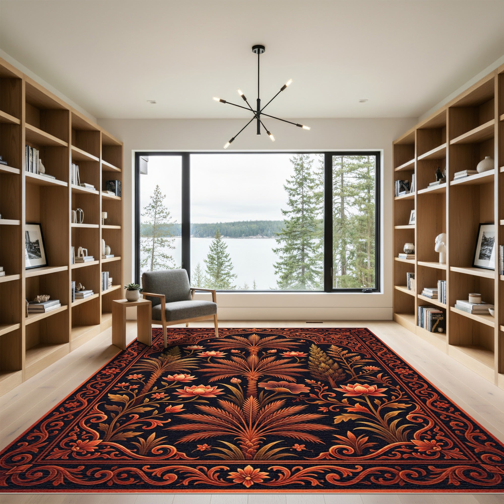 Ornate Black Amber Floral Arch Rug