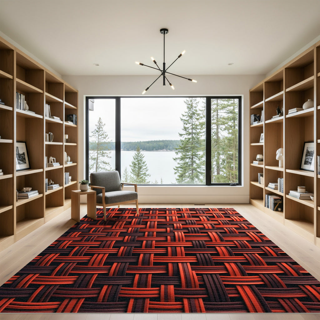 Woven Red Brown Basketweave Texture Rug