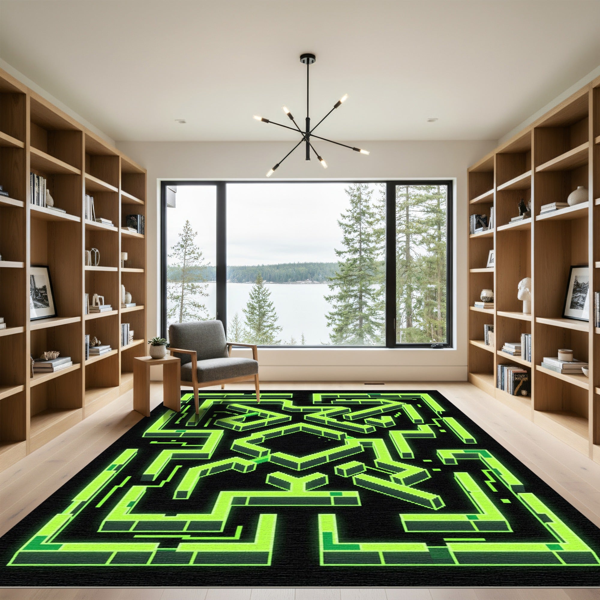 Neon Green Cybernetic Geometric Labyrinth Rug