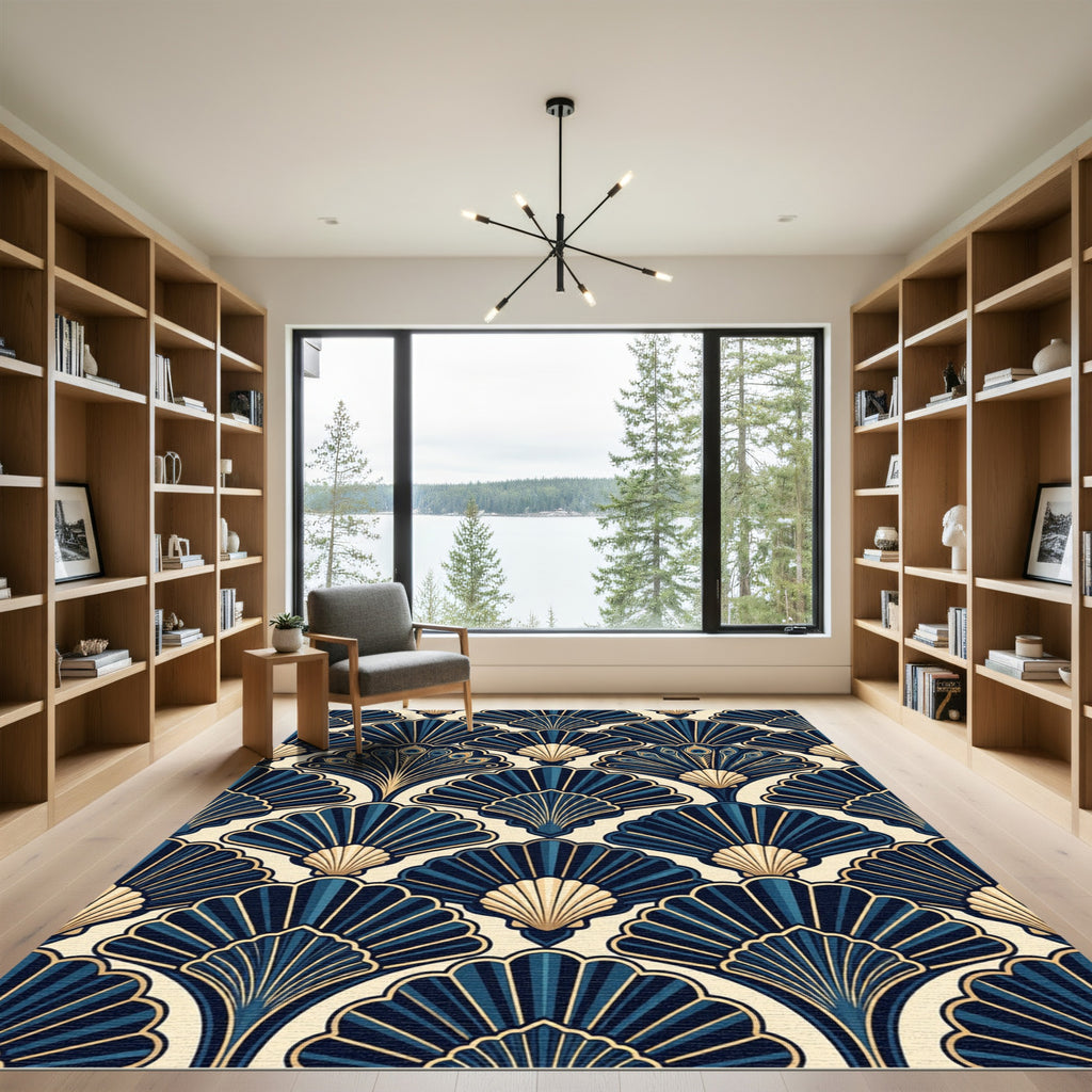 Art Deco Navy Gold Fan Peacock Rug