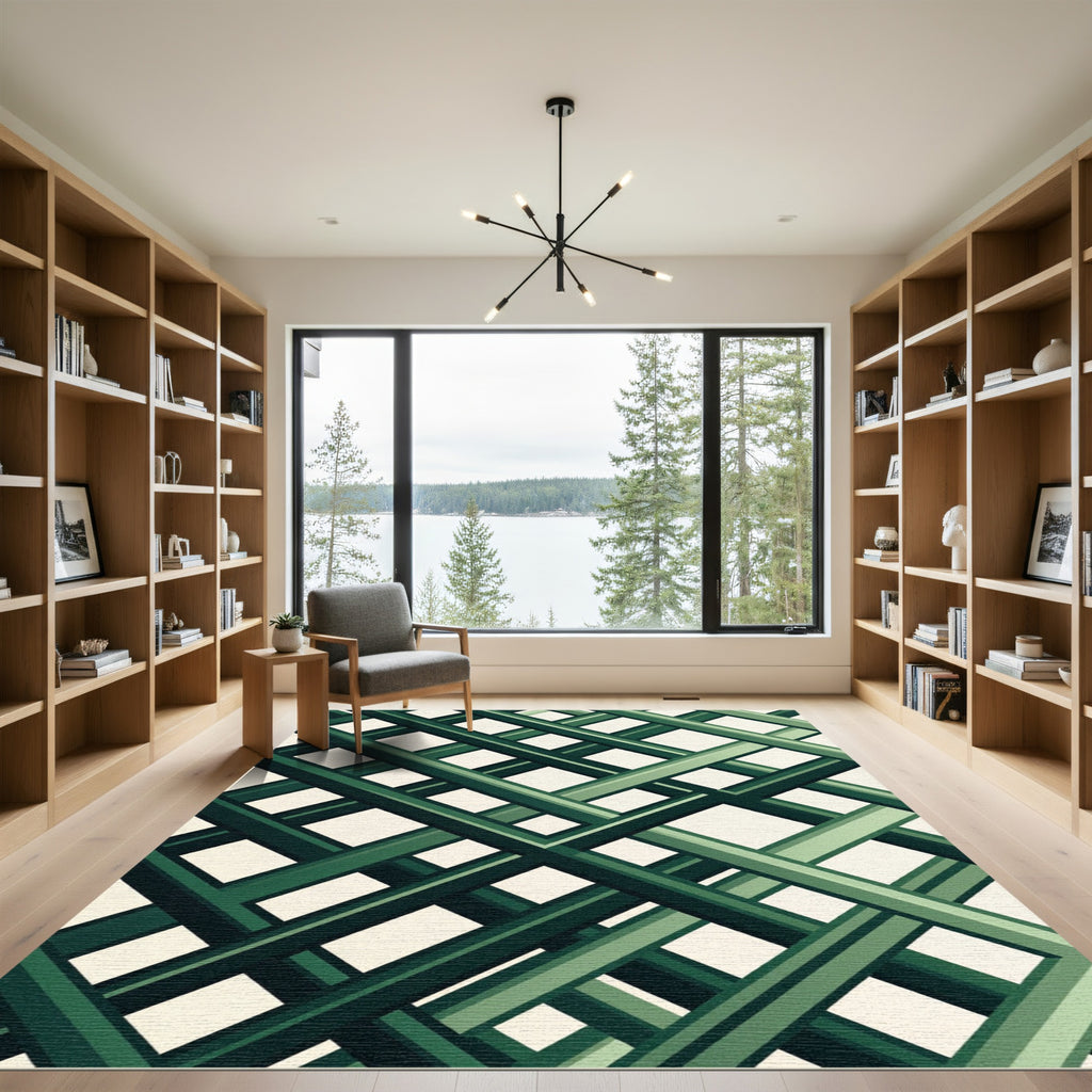 Modern Emerald Green Intersecting Grid Rug