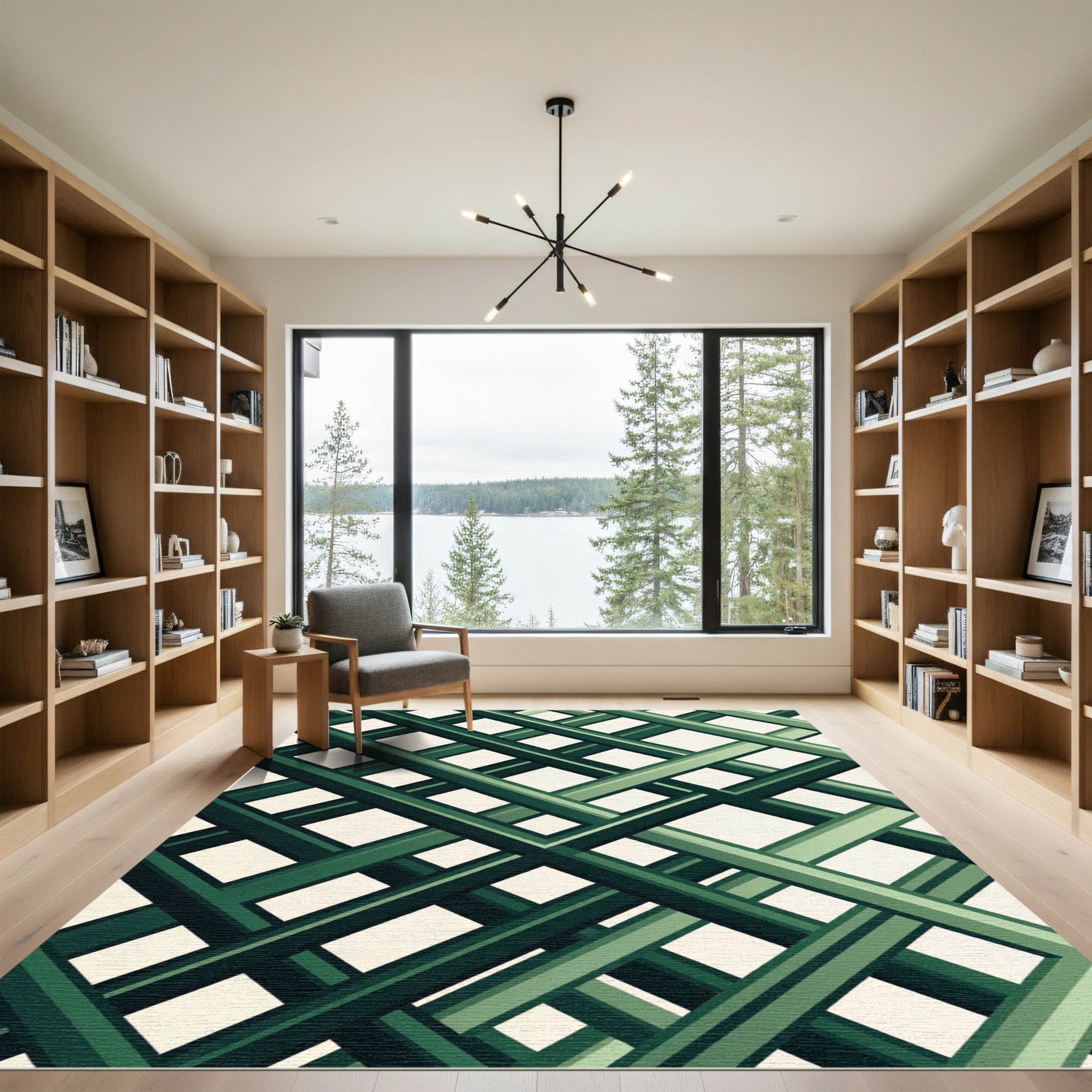 Modern Emerald Green Intersecting Grid Rug