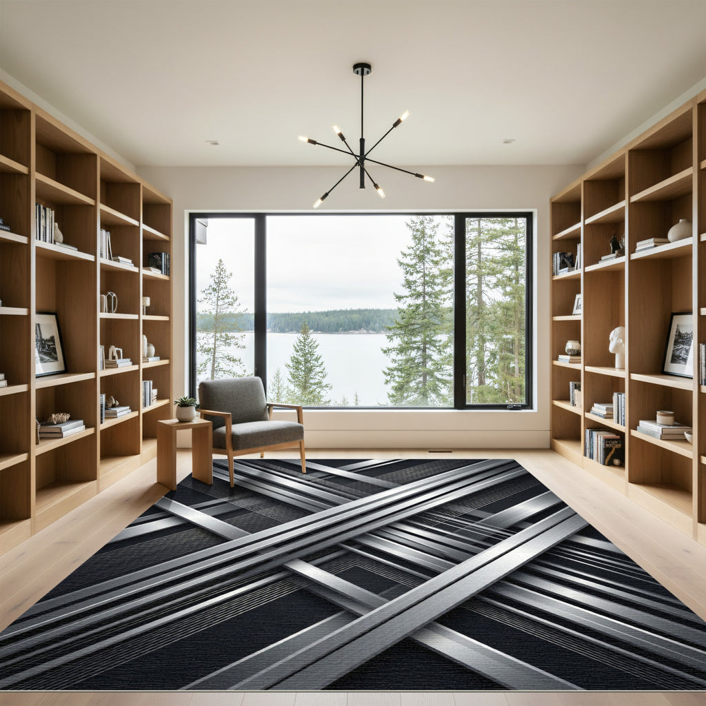 Abstract Silver Metallic Linear Geometric Rug
