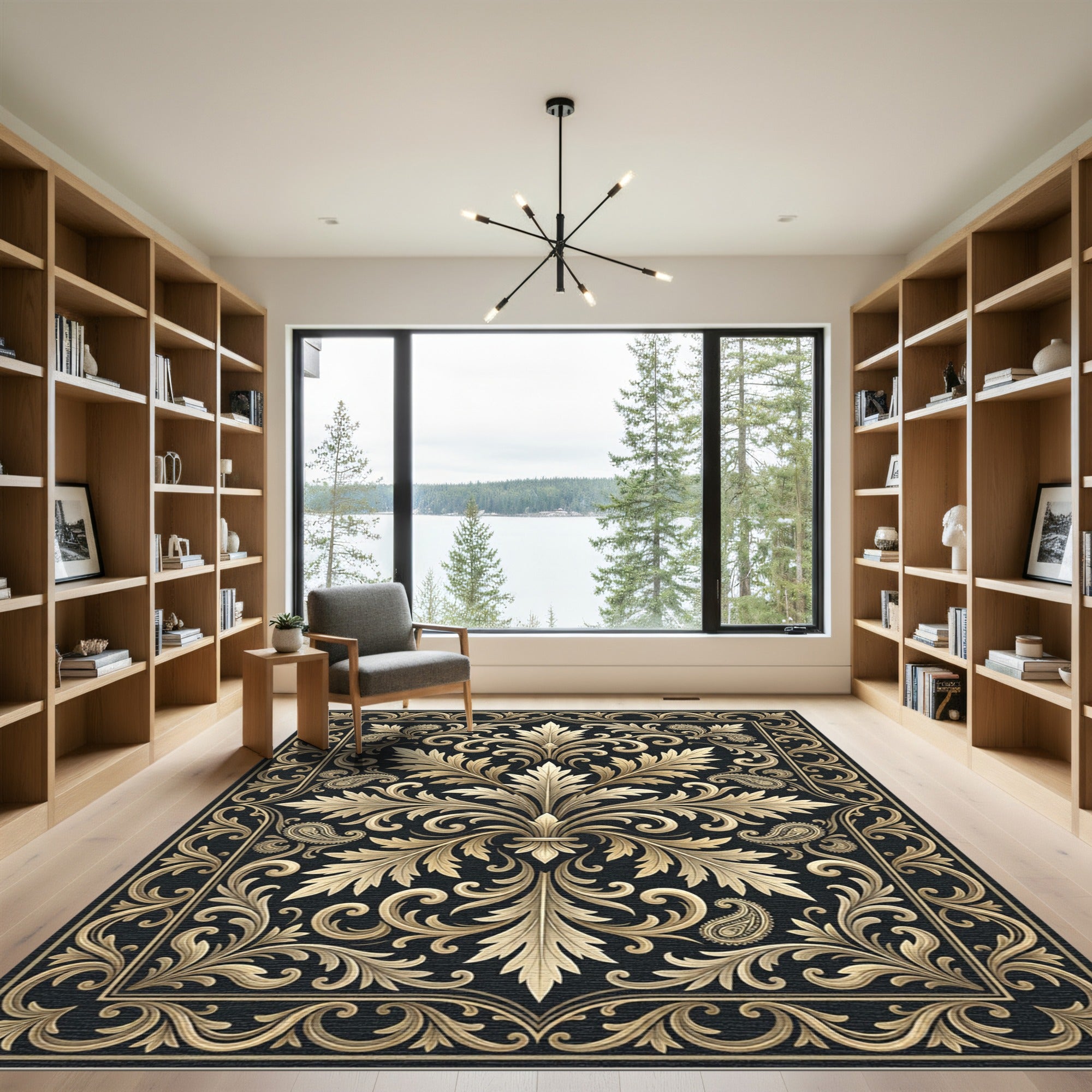 Ornate Gold Paisley Scrollwork Rug