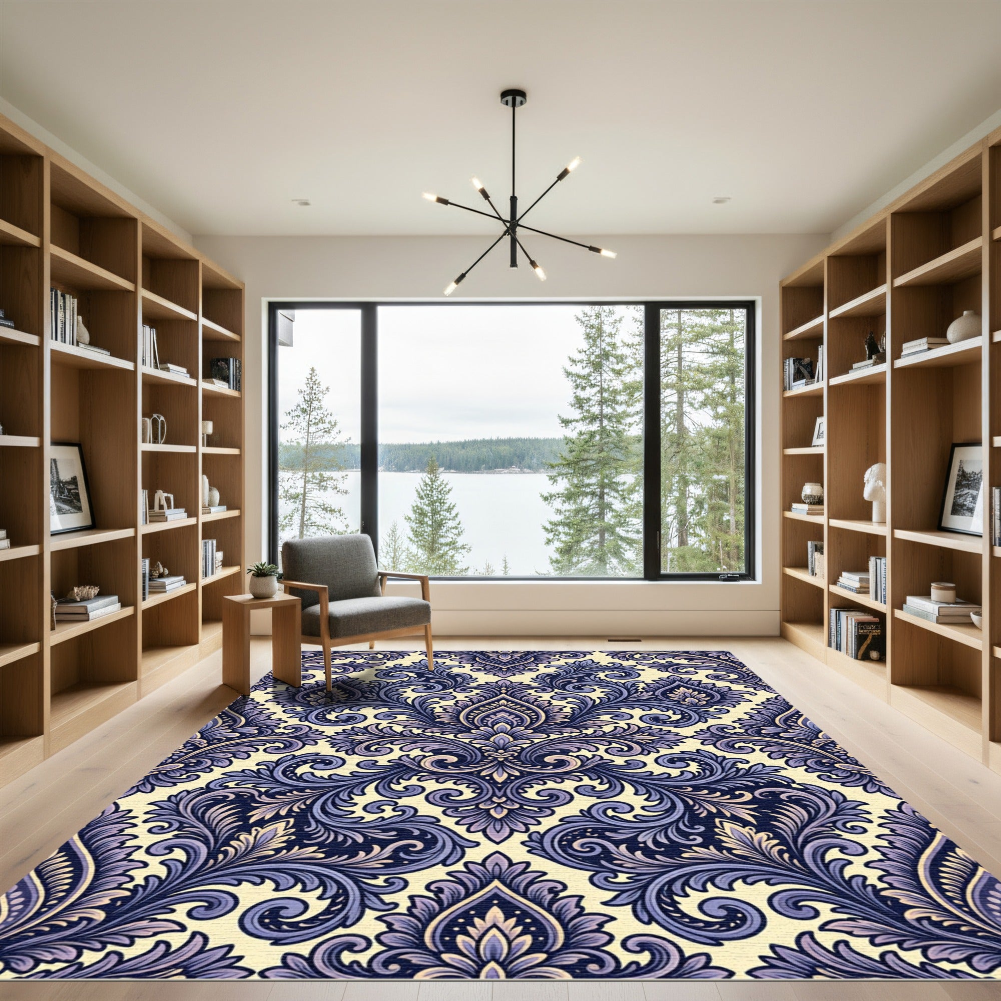 Lavish Blue Floral Damask Background Rug