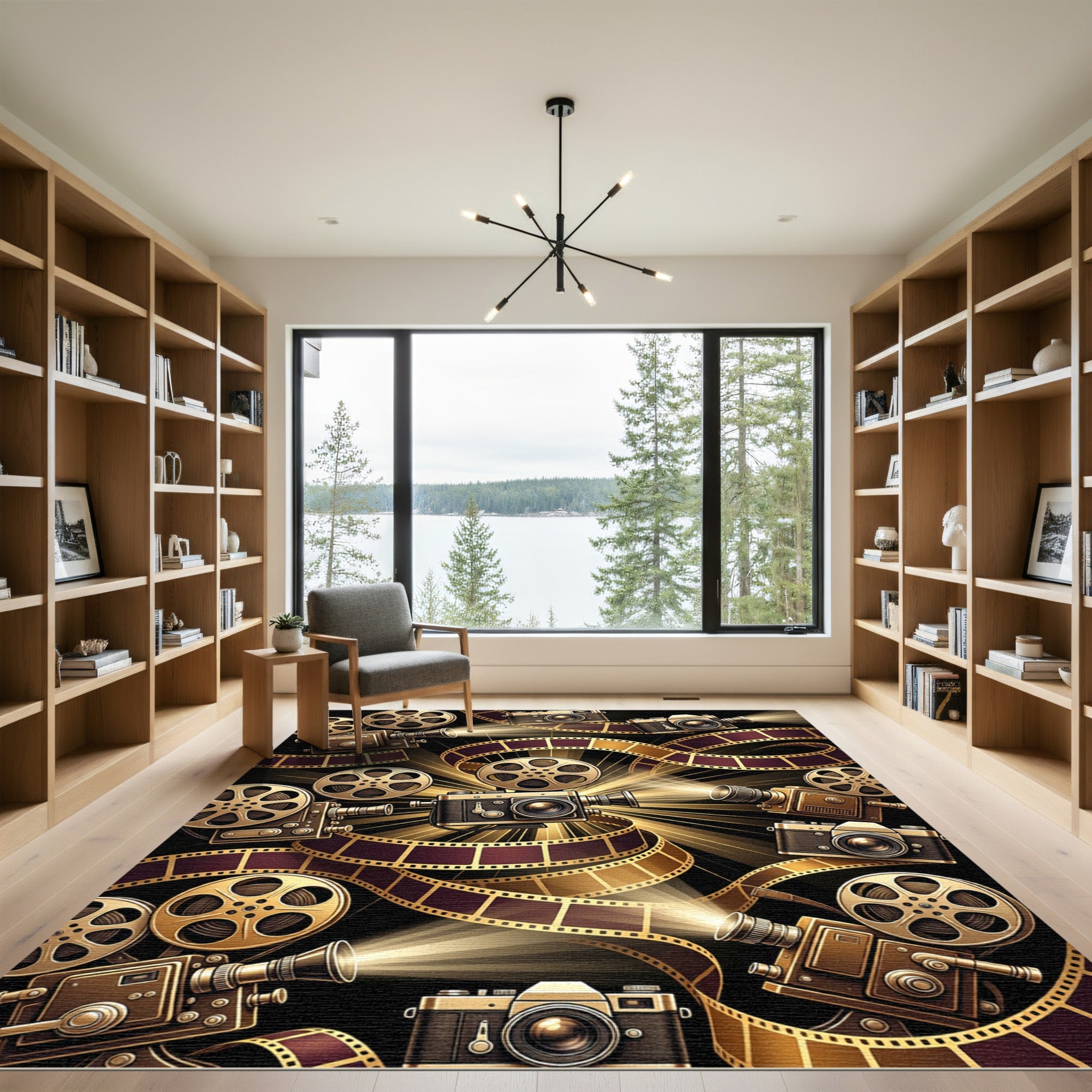 Cinematic Golden Film Reel Camera Collage Rug