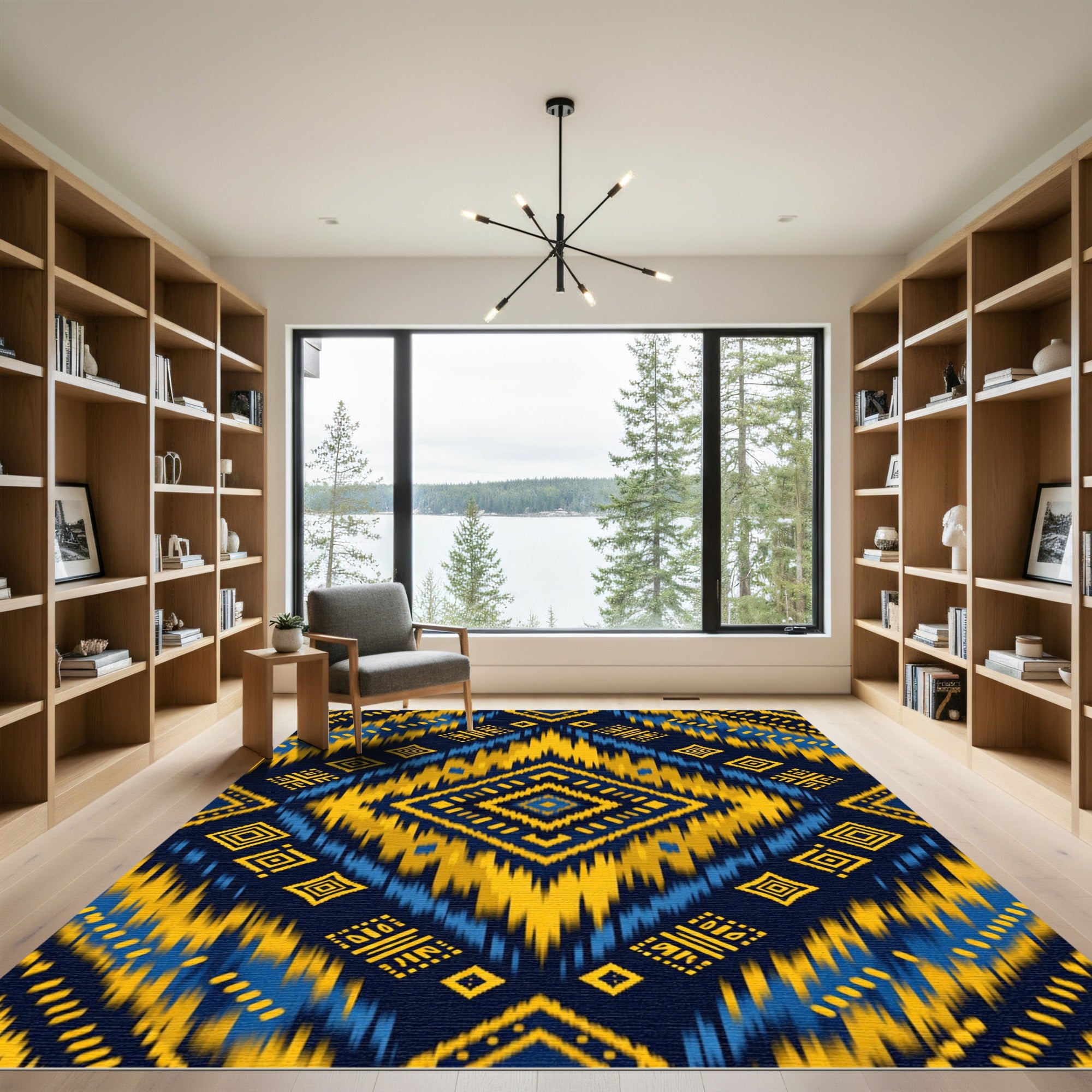 Bold Gold Blue Geometric Diamond Rug