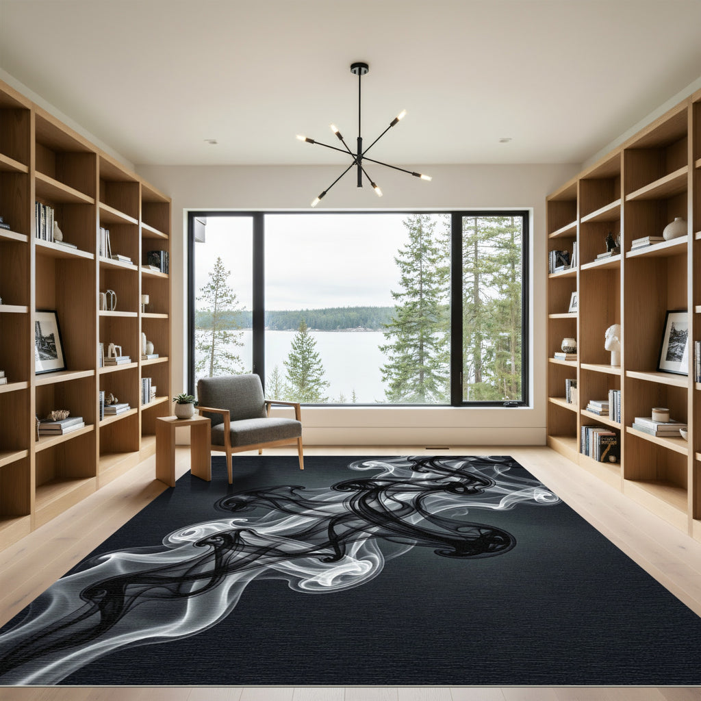 Black White Smoke Swirls Abstract Rug