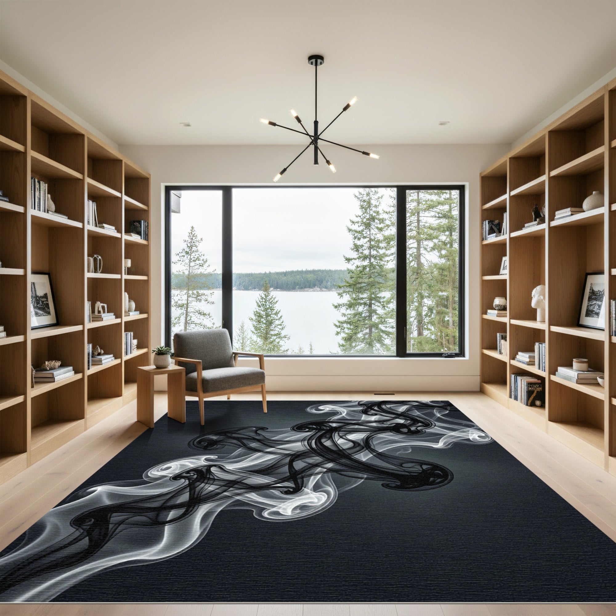 Black White Smoke Swirls Abstract Rug