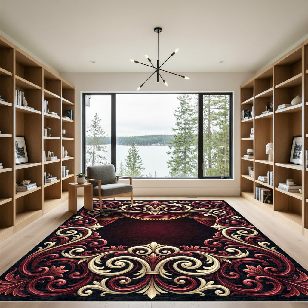 Ornate Crimson Gold Baroque Scrollwork Rug