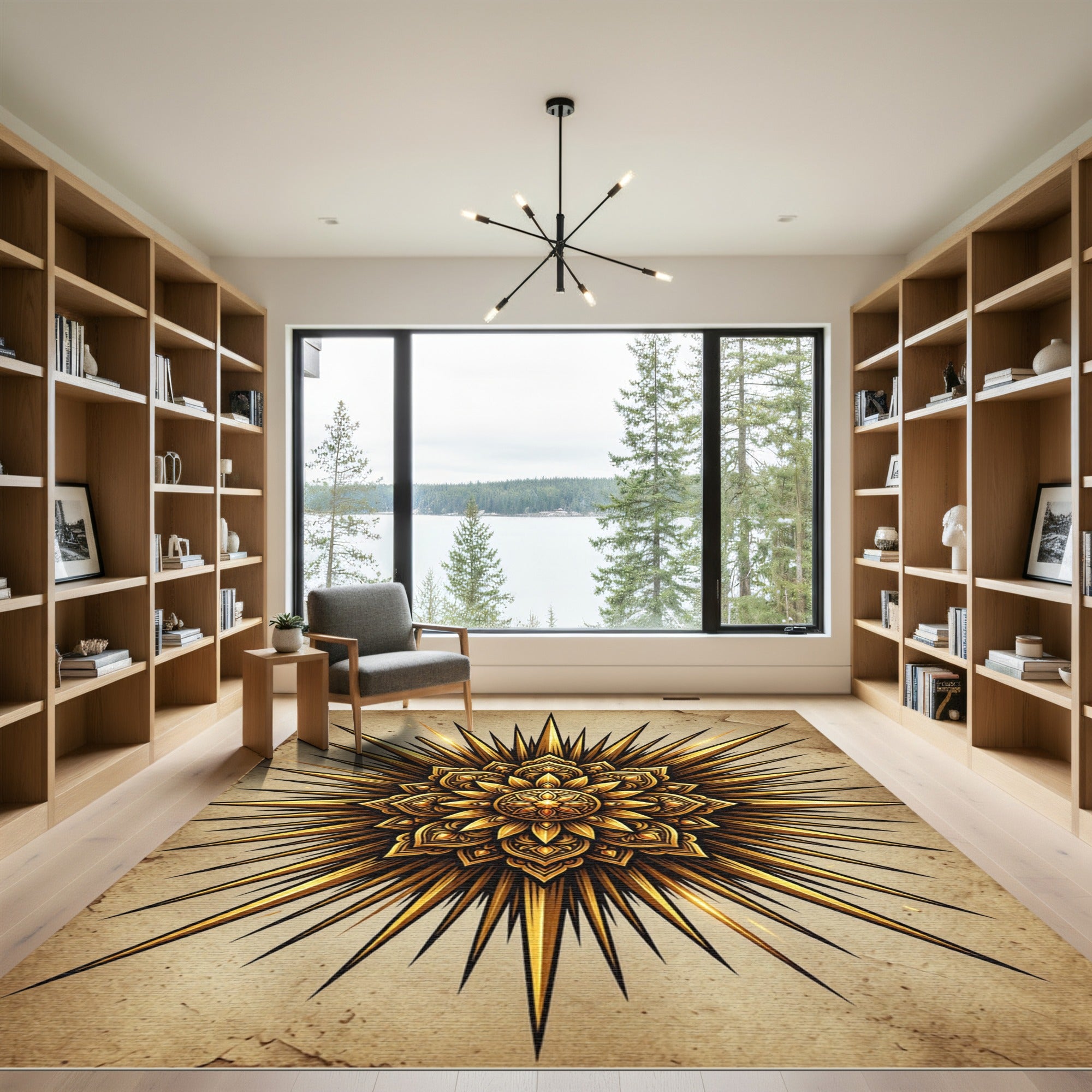 Radiant Golden Sunburst Mandala Rug