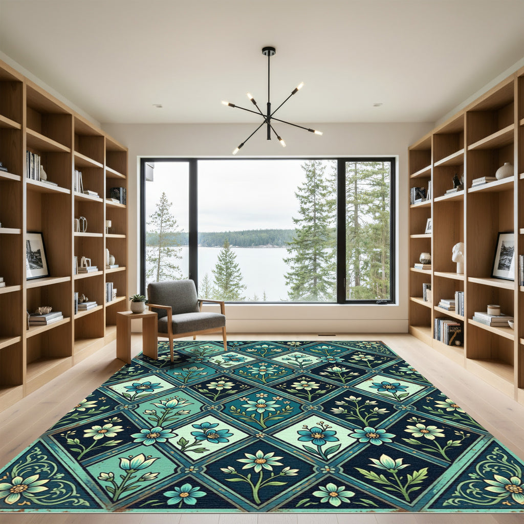 Teal Botanic Diamond Lattice Floral Rug