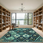 Teal Botanic Diamond Lattice Floral Rug