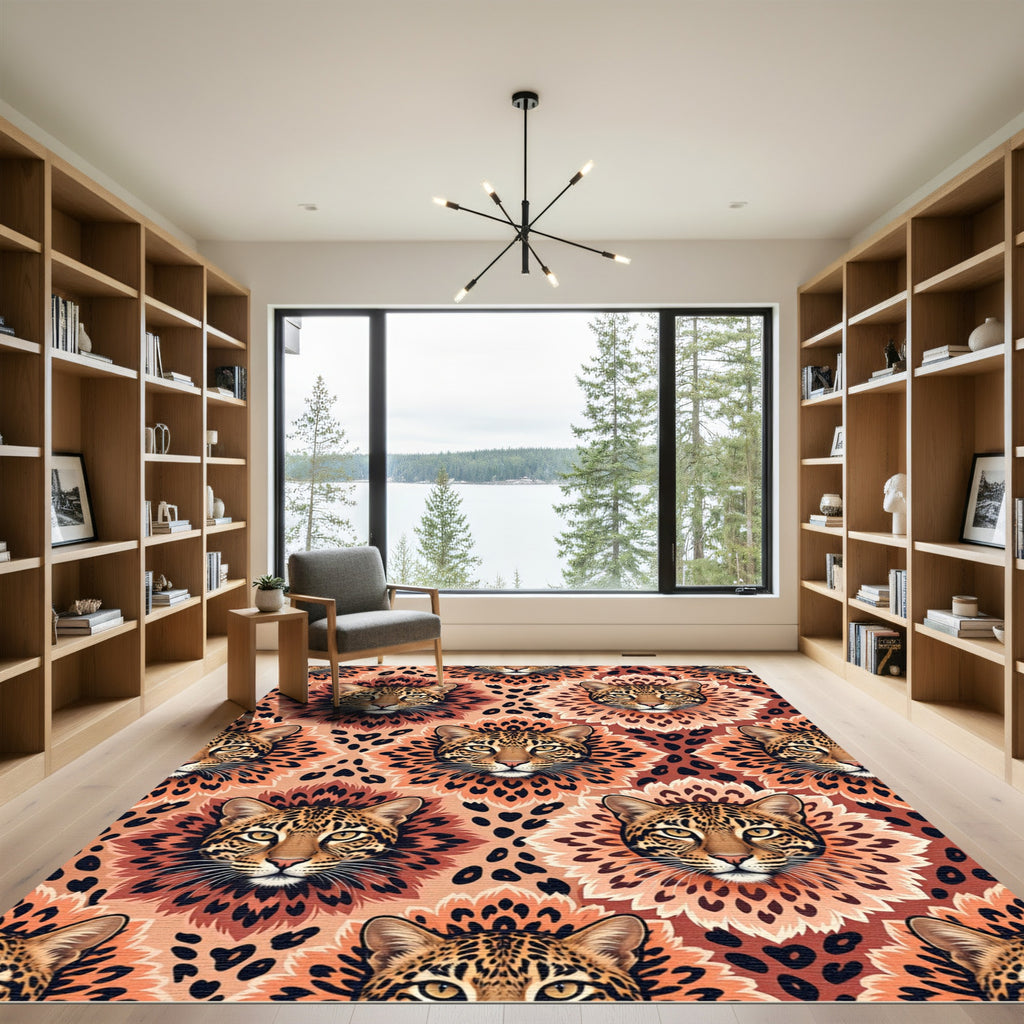Regal Leopard Face Terracotta Floral Symmetry Rug