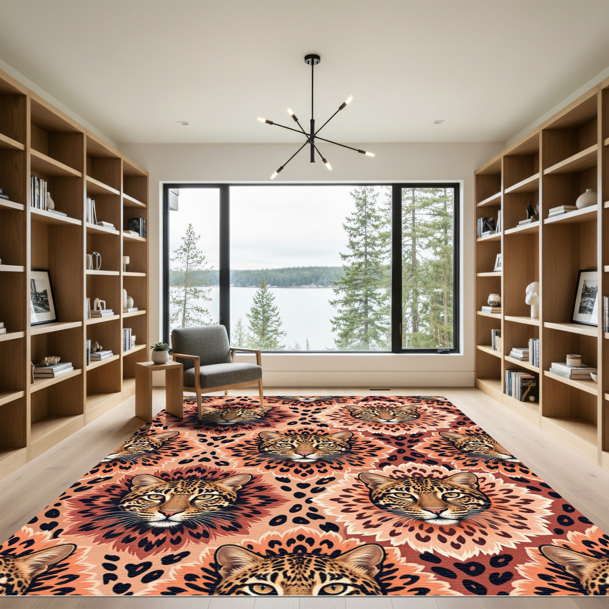 Regal Leopard Face Terracotta Floral Symmetry Rug