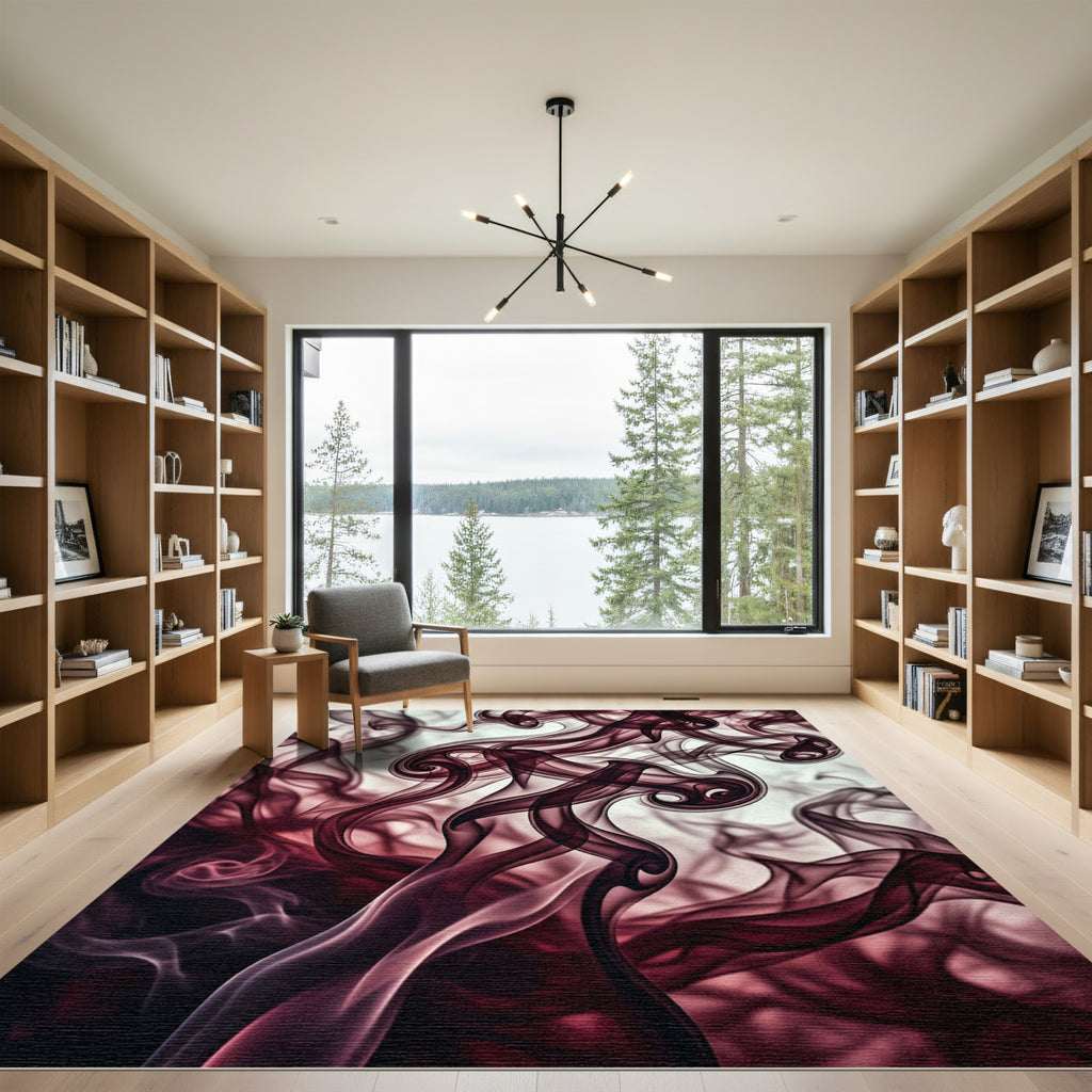 Ethereal Deep Burgundy Abstract Smoke Swirl Rug