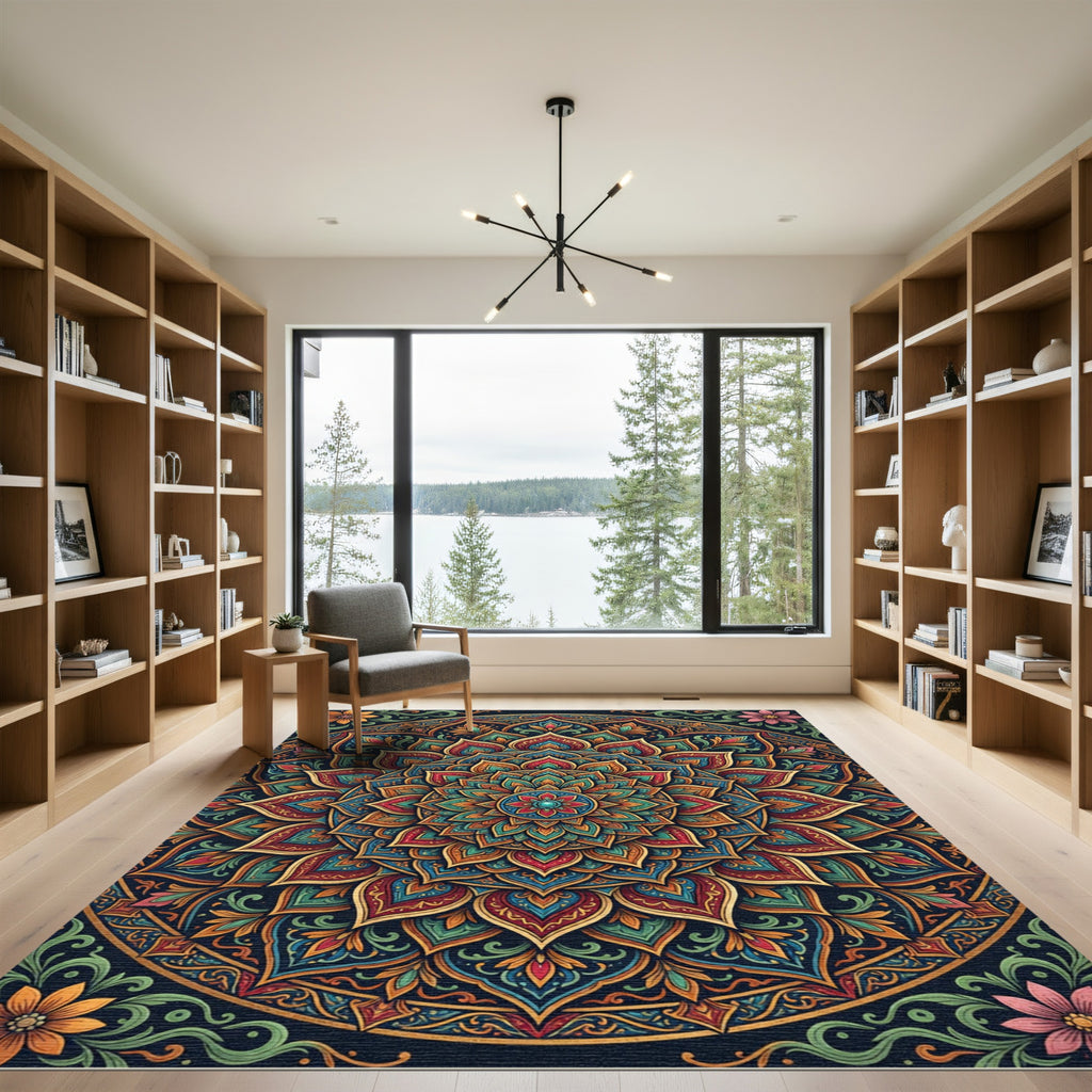 Intricate Teal and Golden Sunburst Mandala Rug