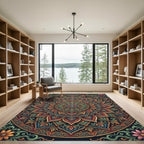 Intricate Teal and Golden Sunburst Mandala Rug