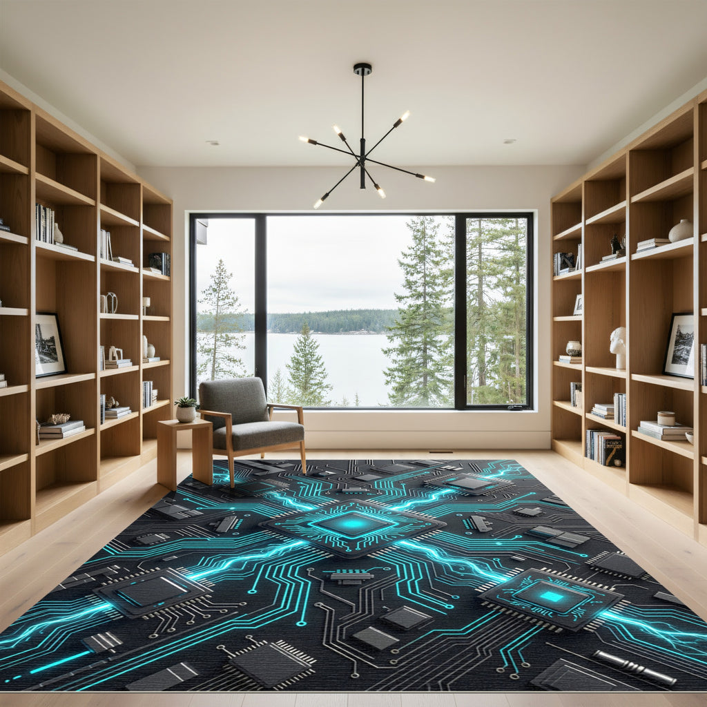 Neon Cyber Circuit Glowing Tech Grid Rug