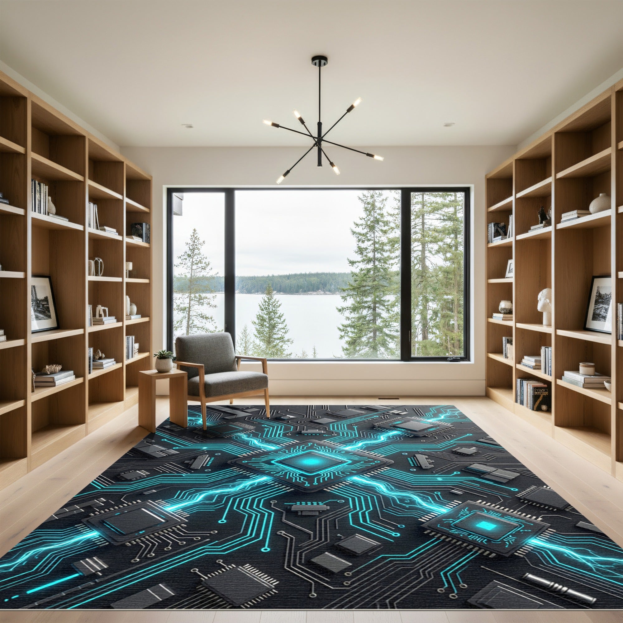 Neon Cyber Circuit Glowing Tech Grid Rug