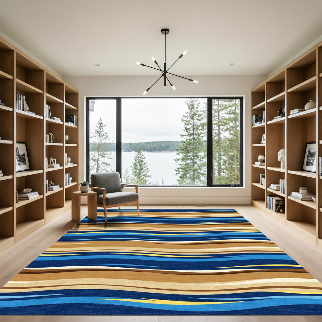 Abstract Blue and Sand Wavy Lines Rug