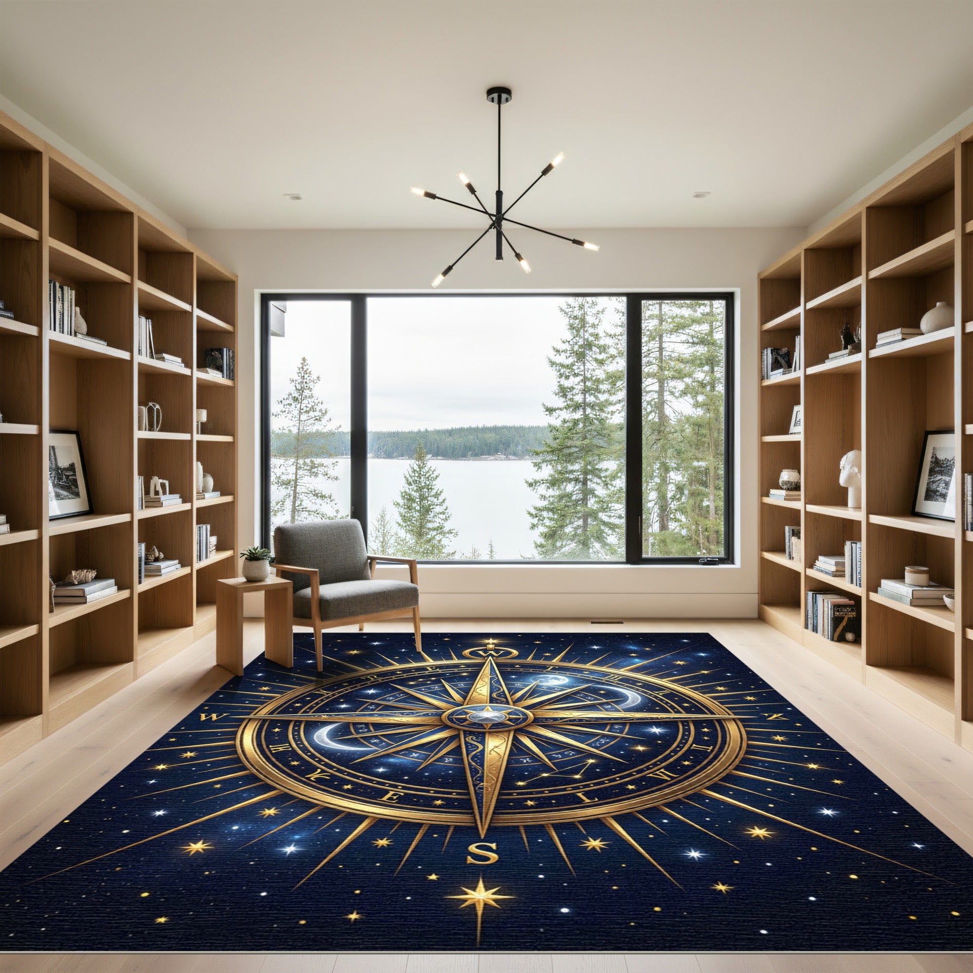 Golden Celestial Compass Navy Night Sky Rug