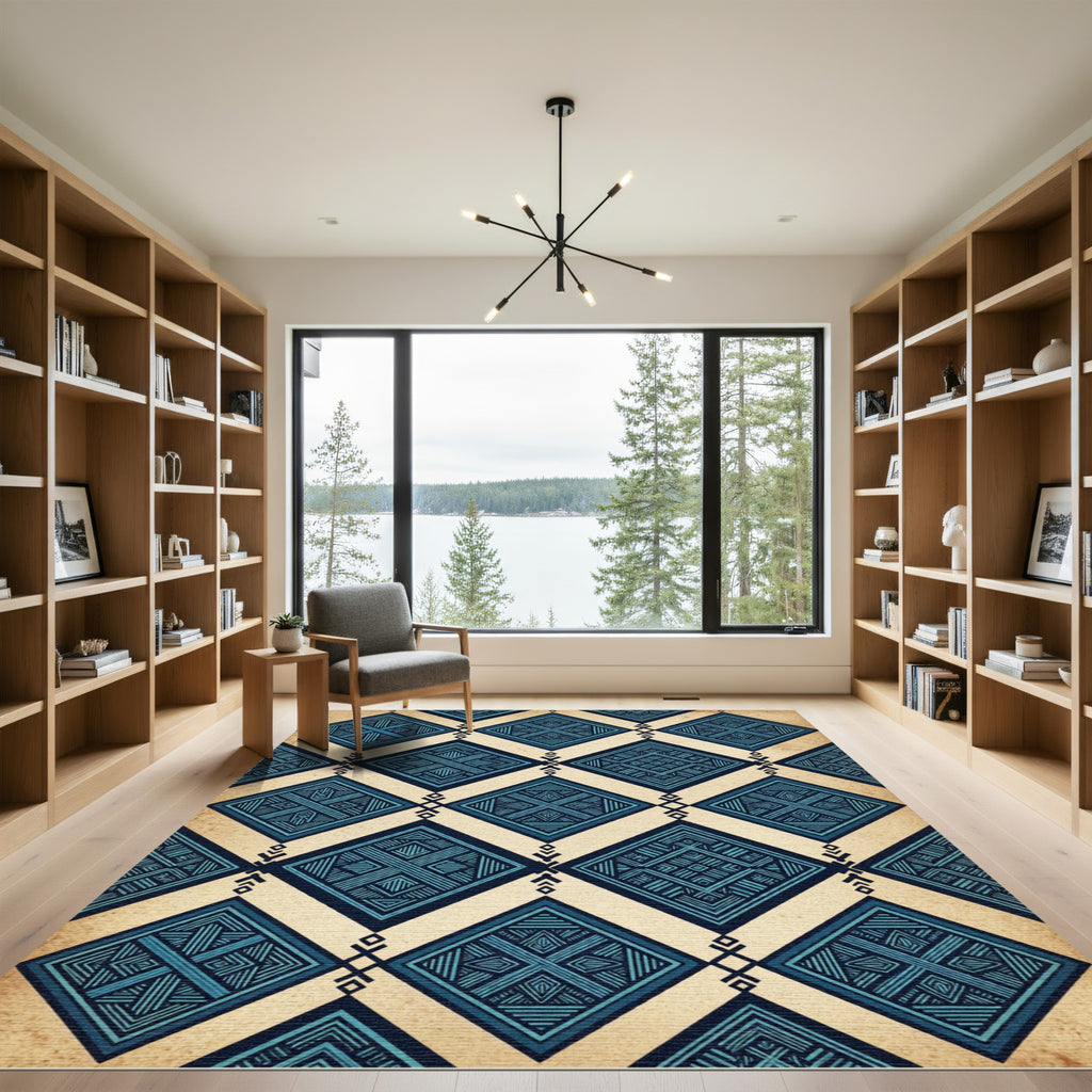 Indigo Geometric Diamond Lattice Art Rug